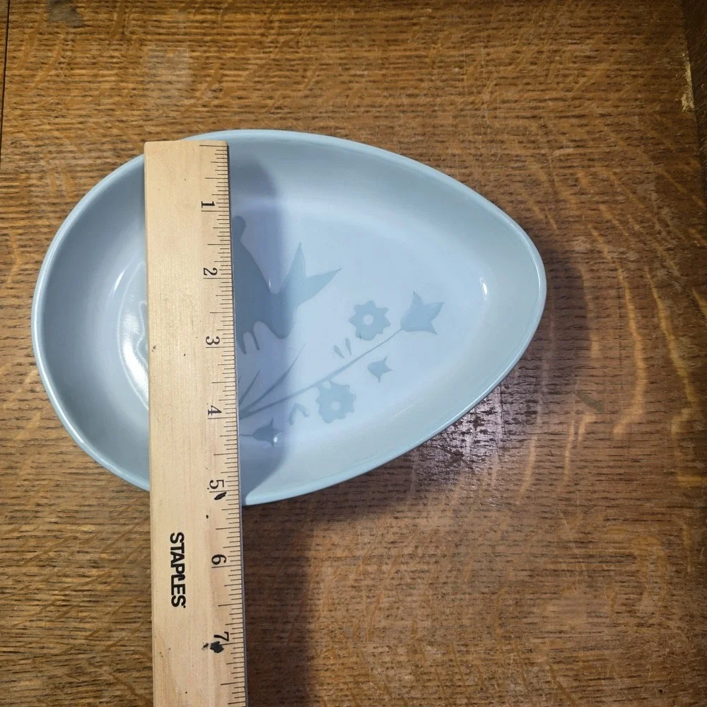 Easter Egg Shape Candy Dish Bowl Blue Ceramic Bunnies Floral Trinket